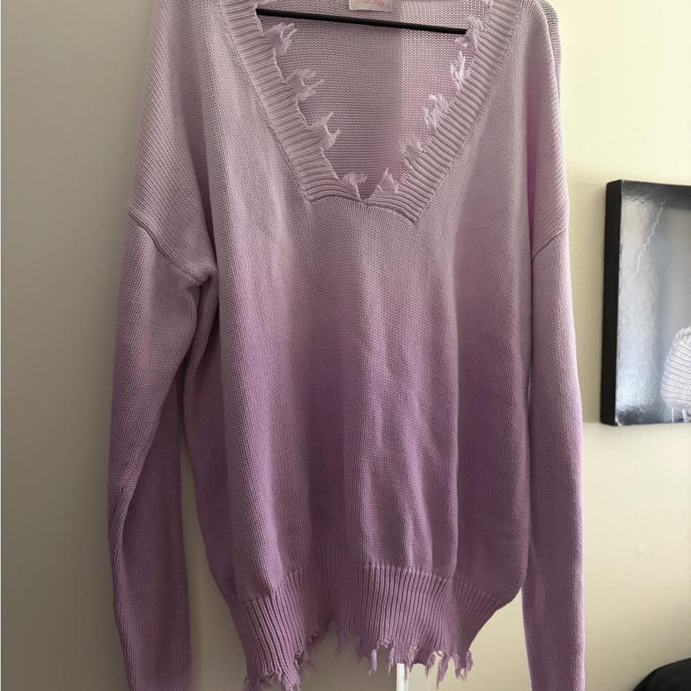 Women’s Lavender Ombré V-Neck Distressed Sweater